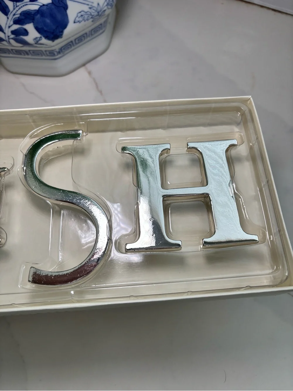NEW Pottery Barn WISH Shadow Box Board Letter Silver Chrome Mirror Push Pins Set